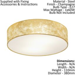 Loops Flush Ceiling Light Colour Champagne Circular Shade Gold Fabric Bulb E27 1x60W - thumbnail 2