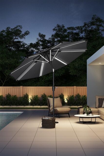 H&O Direct Large Dark Grey Outdoor Solar Powered LED Patio Umbrella for Garden without Base - image 1