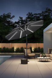 H&O Direct Large Dark Grey Outdoor Solar Powered LED Patio Umbrella for Garden without Base - thumbnail 1