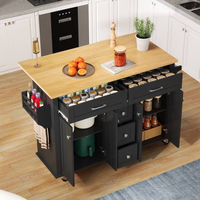 BTM Kitchen Island on Wheels Drop Leaf Trolley Storage Drawers Rack in Black - image 1