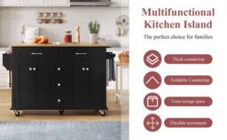 BTM Kitchen Island on Wheels Drop Leaf Trolley Storage Drawers Rack in Black - thumbnail 9