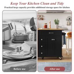 BTM Kitchen Island on Wheels Drop Leaf Trolley Storage Drawers Rack in Black - thumbnail 6