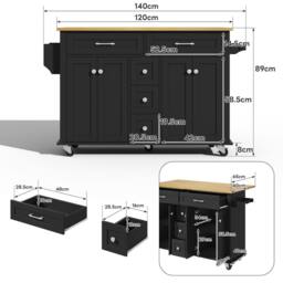 BTM Kitchen Island on Wheels Drop Leaf Trolley Storage Drawers Rack in Black - thumbnail 8