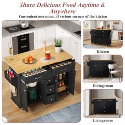 BTM Kitchen Island on Wheels Drop Leaf Trolley Storage Drawers Rack in Black - thumbnail 5
