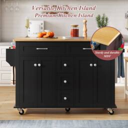 BTM Kitchen Island on Wheels Drop Leaf Trolley Storage Drawers Rack in Black - thumbnail 4