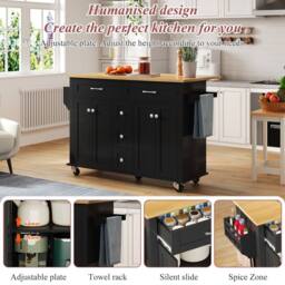 BTM Kitchen Island on Wheels Drop Leaf Trolley Storage Drawers Rack in Black - thumbnail 2