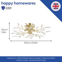 Happy Homewares Modern Birch 4 Light Semi Flush Ceiling Light Fitting with Clear Leaves in Gold - thumbnail 6
