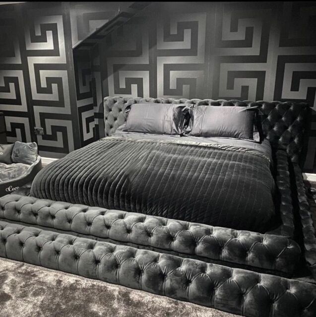 HOB Furniture Royal Emporium Bed, Luxury French Velvet - Hb 122 Cm, Charcoal - Size: King