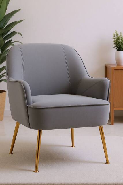 Modern Upholstered Grey Velvet Armchair with Gold-Plated Legs - image 1