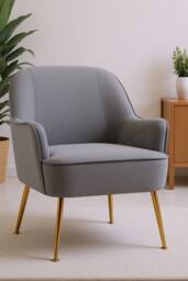 Modern Upholstered Grey Velvet Armchair with Gold-Plated Legs