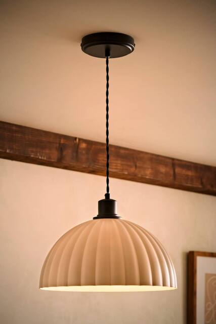 ValueLights Bourton Cream Ribbed Dome Pendant Ceiling Light with Bulb in Black - image 1