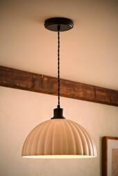ValueLights Bourton Cream Ribbed Dome Pendant Ceiling Light with Bulb in Black - thumbnail 1