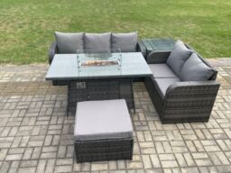 Fimous PE Wicker Outdoor Rattan Garden Furniture Set Propane Gas Fire Pit Table & Sofa set with Side Table Big Footstool in Dark Grey - thumbnail 3