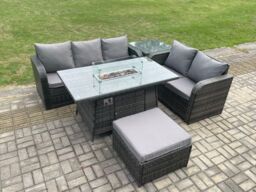 Fimous PE Wicker Outdoor Rattan Garden Furniture Set Propane Gas Fire Pit Table & Sofa set with Side Table Big Footstool in Dark Grey - thumbnail 1