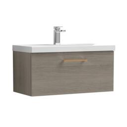 Balterley 800mm Wall Hung 1 Drawer Vanity Basin Unit, Mid Oak, Copper Handle in Brown - thumbnail 1