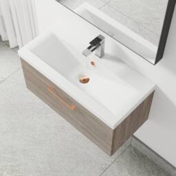 Balterley 800mm Wall Hung 1 Drawer Vanity Basin Unit, Mid Oak, Copper Handle in Brown - thumbnail 3