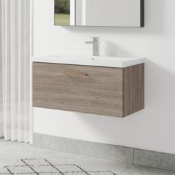 Balterley 800mm Wall Hung 1 Drawer Vanity Basin Unit, Mid Oak, Copper Handle in Brown - thumbnail 4