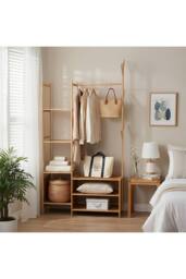 Living and Home Multifunctional Coat Rack with Hanging Rod & Shelves in Natural - Size: Large - thumbnail 4