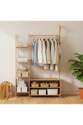 Living and Home Multifunctional Coat Rack with Hanging Rod & Shelves in Natural - Size: Large - thumbnail 7