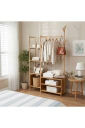 Living and Home Multifunctional Coat Rack with Hanging Rod & Shelves in Natural - Size: Large - thumbnail 5