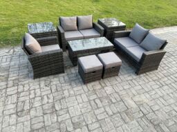 Fimous 7 Seater Outdoor Rattan Patio Furniture Set Garden Lounge Sofa Set with 2 Side Tables 2 Small Footstools Coffee Table Dark Grey Mixed - thumbnail 2