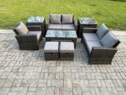 Fimous 7 Seater Outdoor Rattan Patio Furniture Set Garden Lounge Sofa Set with 2 Side Tables 2 Small Footstools Coffee Table Dark Grey Mixed - thumbnail 1