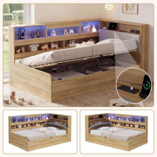 BTM 3FT Wooden Daybed Hydraulic LED USB Storage Natural - Size: Single - image 1