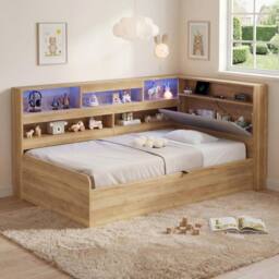 BTM 3FT Wooden Daybed Hydraulic LED USB Storage Natural - Size: Single - thumbnail 3