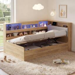 BTM 3FT Wooden Daybed Hydraulic LED USB Storage Natural - Size: Single - thumbnail 2