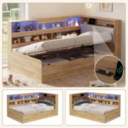 BTM 3FT Wooden Daybed Hydraulic LED USB Storage Natural - Size: Single - thumbnail 1