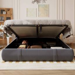 BTM Velvet Hydraulic Storage Bed, 4.5FT Double with Removable Headboard in Grey - thumbnail 6