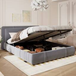 BTM Velvet Hydraulic Storage Bed, 4.5FT Double with Removable Headboard in Grey - thumbnail 8