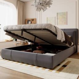 BTM Velvet Hydraulic Storage Bed, 4.5FT Double with Removable Headboard in Grey - thumbnail 7