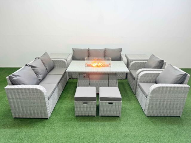 Fimous PE Rattan High Back Lounge Sofa Set Patio Firepit Dining Table & Chairs Set with 3 Seater Sofa Reclining Chair Stools 2 Side Table Light Grey - image 1