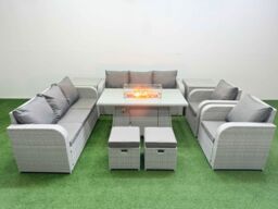 Fimous PE Rattan High Back Lounge Sofa Set Patio Firepit Dining Table & Chairs Set with 3 Seater Sofa Reclining Chair Stools 2 Side Table Light Grey - thumbnail 1
