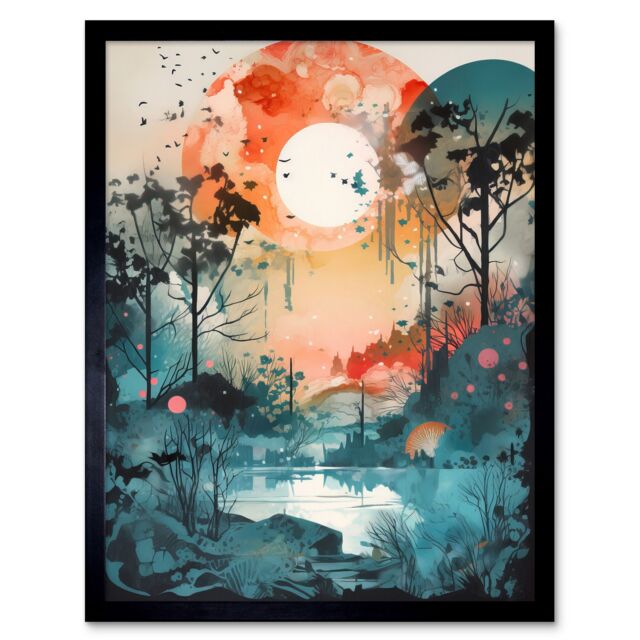 "Artery8 Wall Art Print Lakeside Forest Landscape Peaceful Sunrise Morning Modern Watercolour Painting Art Framed in Black - Size: W12"" x H16""" - image 1