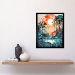 "Artery8 Wall Art Print Lakeside Forest Landscape Peaceful Sunrise Morning Modern Watercolour Painting Art Framed in Black - Size: W12"" x H16""" - thumbnail 2