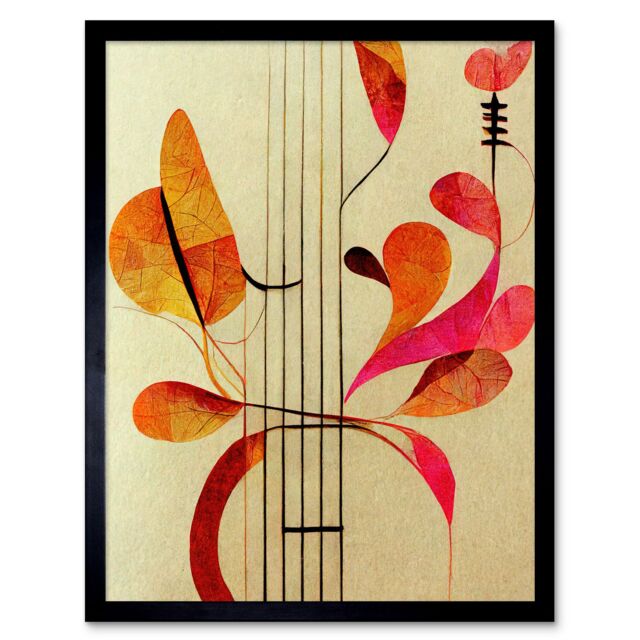 "Artery8 Wall Art Print Abstract Autumnal Boho Leaves & Musical Music Staff Lines Cream Pink Copper Yellow Art Framed in Black - Size: W12"" x H16""" - image 1
