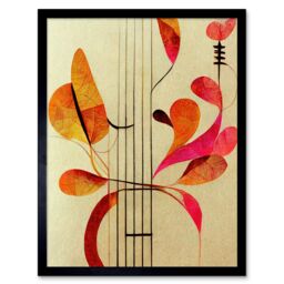 "Artery8 Wall Art Print Abstract Autumnal Boho Leaves & Musical Music Staff Lines Cream Pink Copper Yellow Art Framed in Black - Size: W12"" x H16""" - thumbnail 1