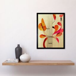 "Artery8 Wall Art Print Abstract Autumnal Boho Leaves & Musical Music Staff Lines Cream Pink Copper Yellow Art Framed in Black - Size: W12"" x H16""" - thumbnail 2