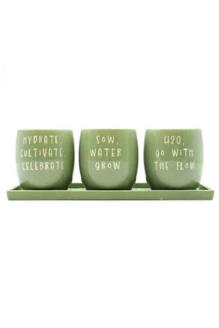 Upper Street Home Set Of 3 Ceramic Flower Pots On Tray, Green Slogan Design Planters, Plant Pot Display, Indoor Plant Containers in Light Green - image 1