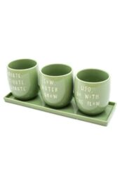 Upper Street Home Set Of 3 Ceramic Flower Pots On Tray, Green Slogan Design Planters, Plant Pot Display, Indoor Plant Containers in Light Green - thumbnail 3