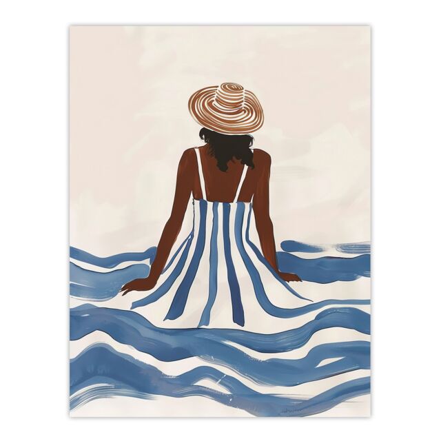 "Artery8 Woman in Blue White Stripy Summer Holiday Dress Wall Art Print - Size: W12"" x H16""" - image 1