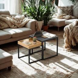 FURNOS 2PC Square Nesting Coffee Tables Living Room Furniture in Black