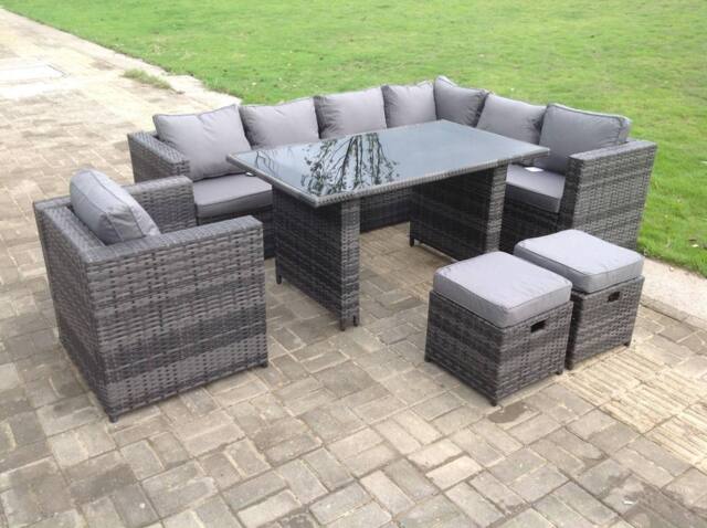 Fimous 8 Seater Outdoor Lounge Rattan Corner Sofa Set Garden Furniture Rectangular Dining Table Chair in Dark Grey - image 1