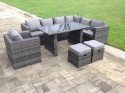 Fimous 8 Seater Outdoor Lounge Rattan Corner Sofa Set Garden Furniture Rectangular Dining Table Chair in Dark Grey - thumbnail 2