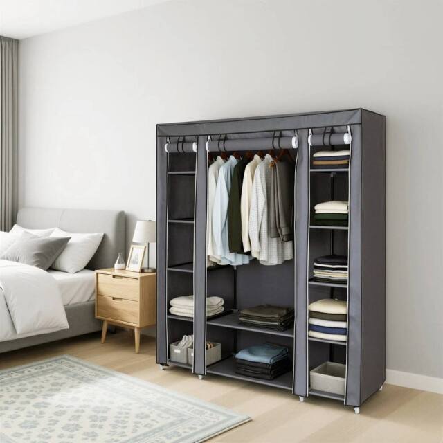 KORVIXA Grey Fabric Wardrobe, 12 Compartments, Metal Frame - Size: 900mm - image 1