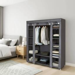 KORVIXA Grey Fabric Wardrobe, 12 Compartments, Metal Frame - Size: 900mm