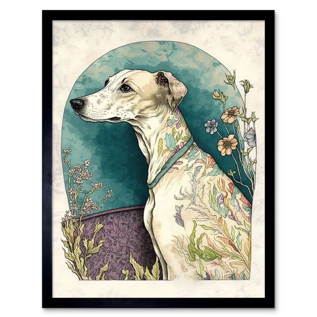 "Artery8 Wall Art Print Whippet Dog with Flowers Modern Multicoloured Watercolour Art Framed in Black - Size: W12"" x H16""" - image 1