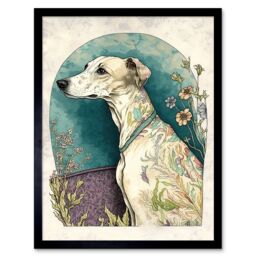 "Artery8 Wall Art Print Whippet Dog with Flowers Modern Multicoloured Watercolour Art Framed in Black - Size: W12"" x H16""" - thumbnail 1